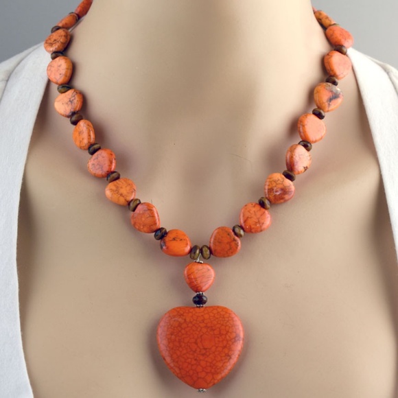 BG Designs Jewelry - Orange Turquoise & Amber Glass Heart Necklace Set